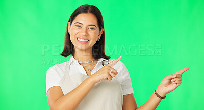 Buy stock photo Green screen portrait, barista and woman pointing, smile and advertising cafe opportunity, restaurant choice or service. Hospitality, promo and waitress show diner recommendation on studio background