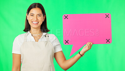 Buy stock photo Green screen portrait, happy woman and barista speech bubble for cafe announcement, voice sign or social media communication. Hospitality, mock up space poster and waitress ads on studio background