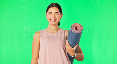 Buy stock photo Woman, portrait and smile with yoga mat on green screen, mockup space or fitness for body health. Face, athlete and pilates rug for exercise of coach or personal trainer isolated on studio background