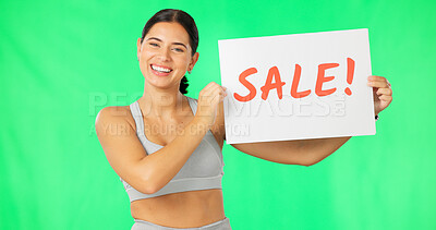 Buy stock photo Happy woman, portrait or sale poster on green screen with advertising sign, promotion or discount. Fitness, billboard or coach cardboard with text, words or gym membership notice on studio background