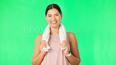 Buy stock photo Green screen, towel and portrait of happy woman for exercise, fitness and training healthy body isolated on studio background. Face, sports athlete and model with cloth for workout on mockup space