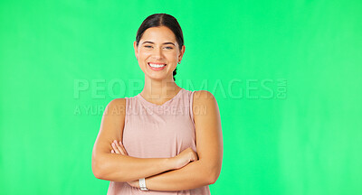 Buy stock photo Portrait of athlete, green screen or happy woman with arms crossed for wellness on studio background. Fitness, smile or female sports coach with confidence, healthy gym and ready for workout