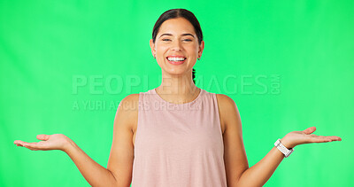 Buy stock photo Green screen studio, portrait happy woman and palm gesture, choice or advertising promo offer, sales deal or decision. Product placement launch, scale balance or mockup space comparison on background