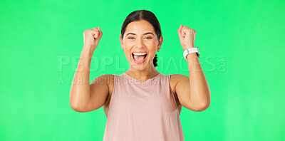 Buy stock photo Fitness, winner or portrait of happy woman on green screen for good news, winning and promotion in studio. Success, mockup space or excited face of girl cheering for victory, bonus or gym discount