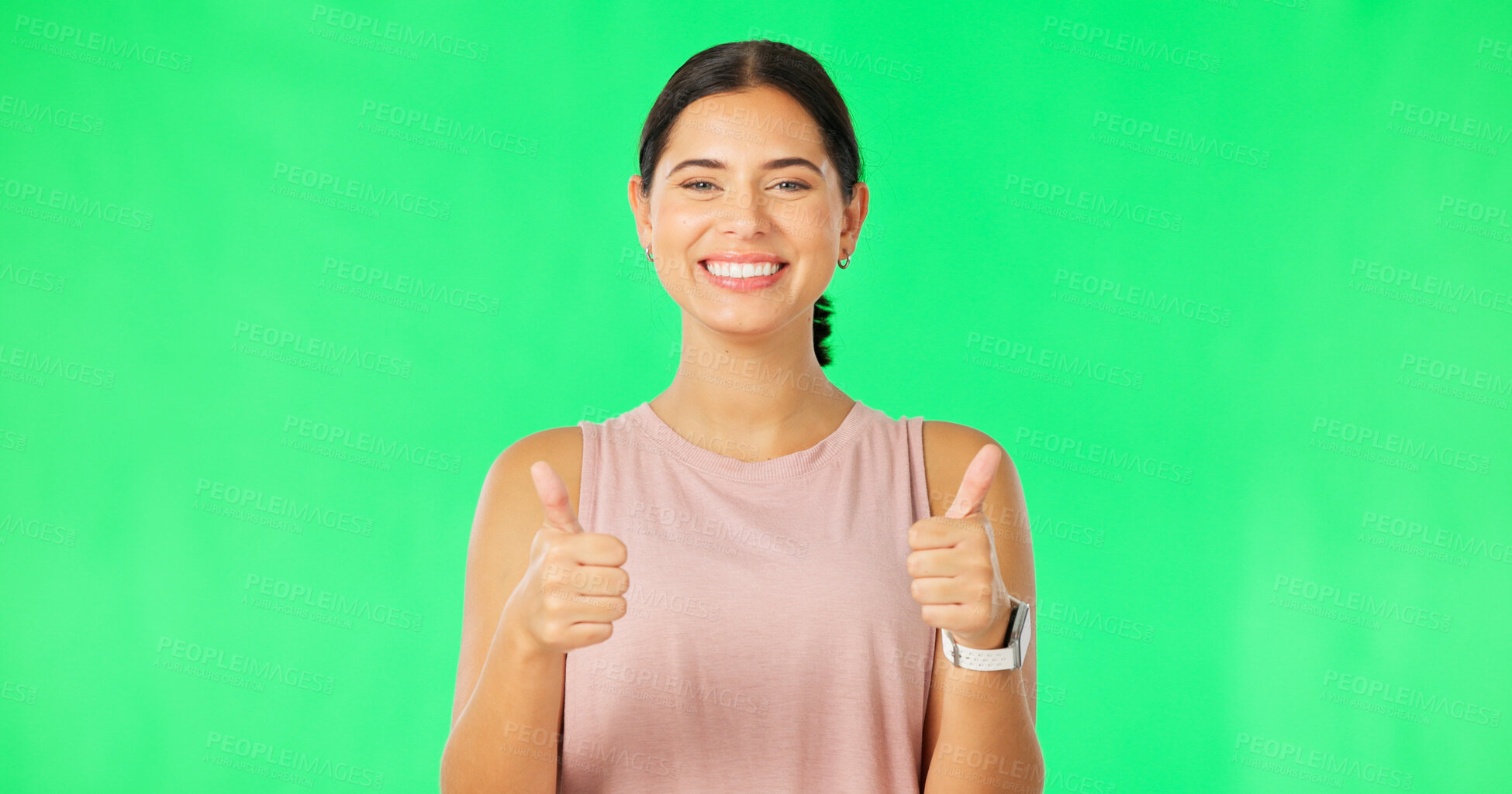 Buy stock photo Happy woman, portrait or thumbs up on green screen for fitness, agreement or winning on studio background. Face, smile or sports athlete showing thumb emoji, yes sign or like for good job on mockup