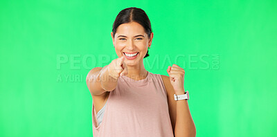 Buy stock photo Portrait, pointing to you and woman with support, green screen and celebration on a studio background. Face, person and model with fitness, achievement and athlete with workout, progress and exercise