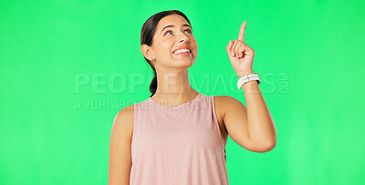 Buy stock photo Green screen woman, smile and pointing at fitness sales launch, training club advertisement or gym service commercial. Studio, coming soon announcement and sports model recommendation on background