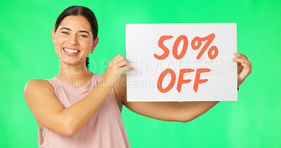 Buy stock photo Woman discount sign and happy portrait with sale, deal and promotion announcement in studio. Fitness, gym and female entrepreneur with offer banner paper for exercise and training with green screen