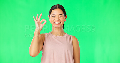 Buy stock photo Portrait, sports and woman with ok sign, green screen and promotion on a studio background. Face, person and model with fitness, perfect symbol and athlete with agreement, progress or icon with emoji