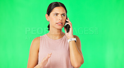 Buy stock photo Green screen, phone call or woman with fitness problem or frustrated by crisis on studio background. Personal trainer, talking or angry athlete speaking on mobile communication with stress or anxiety