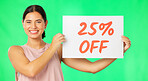 Green screen, sale poster and woman isolated on studio background with 25 percent off for advertising promo. Happy face of business owner or person with cardboard sign for retail discount marketing
