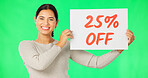 Woman, face and promotion sign on green screen, smile and advertising with poster, store sale and discount. Portrait, billboard and cardboard with text, happy female with board on studio background