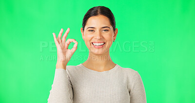 Buy stock photo Okay hand gesture, portrait and happy woman on green screen for opinion, vote or feedback. Face of model with smile, ok sign and review icon with good news, thank you and agreement emoji in support.