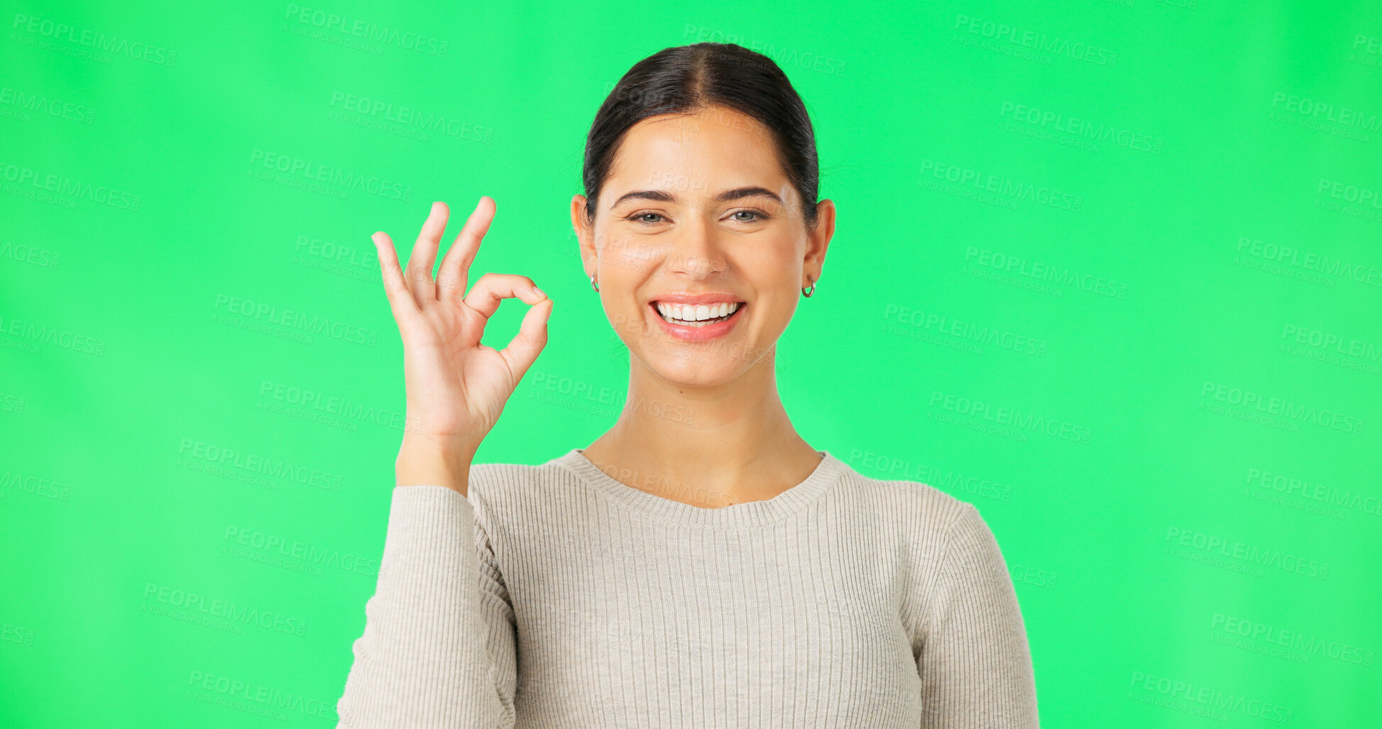 Buy stock photo Okay hand gesture, portrait and happy woman on green screen for opinion, vote or feedback. Face of model with smile, ok sign and review icon with good news, thank you and agreement emoji in support.