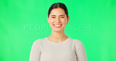 Buy stock photo Smile, happy woman and portrait with green screen and fashion relax in a studio. Female person, excited and model from Italy with modern and trendy outfit with clothing and confidence with style