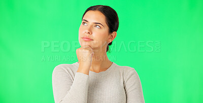 Buy stock photo Woman, green screen and thinking of ideas, planning inspiration and remember memory on studio background. Curious model dream of decision, solution and insight to questions, brainstorming and future