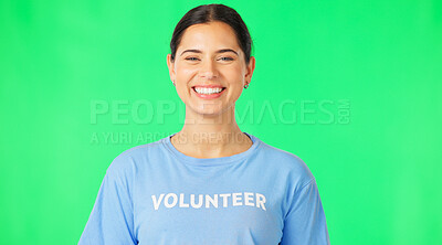 Buy stock photo Volunteer woman, green screen and studio portrait with smile for community service by background. Girl, charity and support with social responsibility, pride or helping with accountability in society