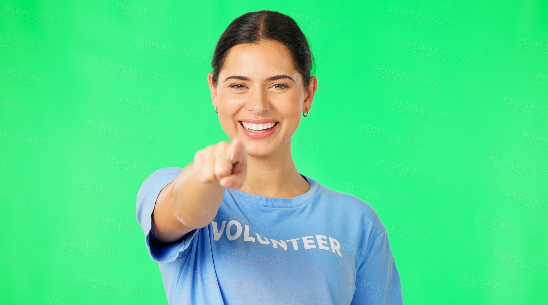 Buy stock photo Woman, pointing and volunteer on green screen for recruitment, interview and announcement. Portrait, smile and female model with hiring, candidate selection and happiness in studio with choice emoji