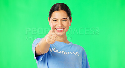 Buy stock photo Woman, portrait and thumbs up on green screen with volunteer, support and thank you from charity. Yes, thanks and face with hand, gesture or body language for agreement, success or community goal