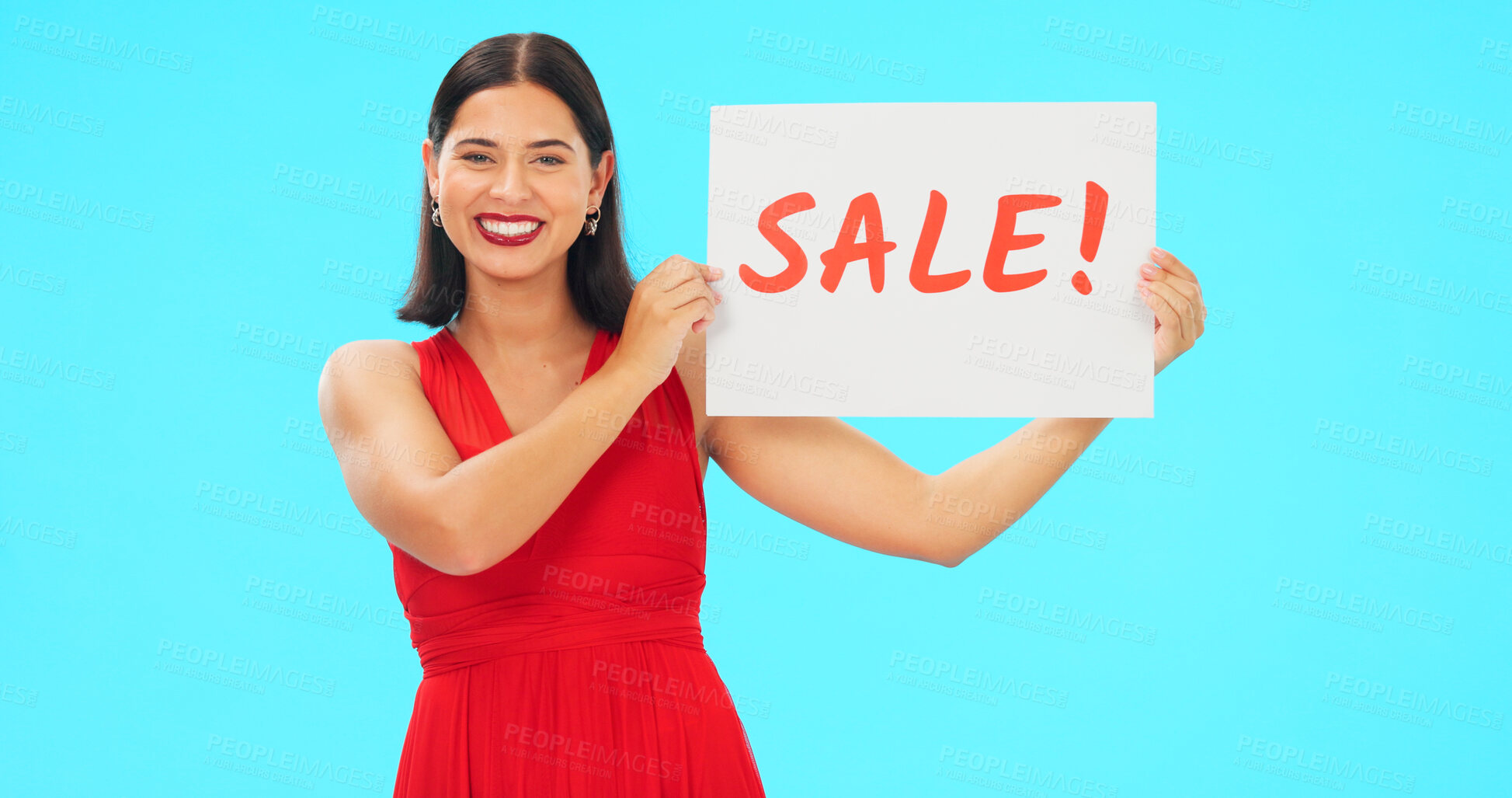 Buy stock photo Woman, retail sale poster and studio portrait with smile for shopping, deal and promo by blue background. Girl, ambassador and cardboard sign for discount, announcement and news with fashion review