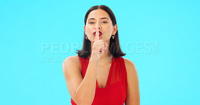 Buy stock photo Secret, portrait and woman with hand on lips on blue background in studio for privacy, news or whisper emoji. Model, face and gesture for silence, shush and quiet announcement or confidential gossip