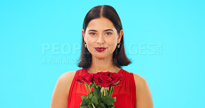 Buy stock photo Portrait, woman or bouquet of flowers in studio on blue background for present, care or beauty. Face, red lipstick or model with roses for floral gift of love, celebration or valentines day romance