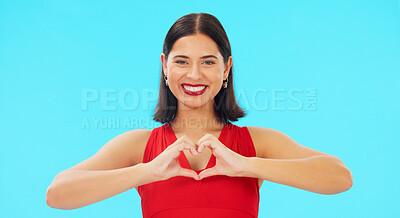 Buy stock photo Portrait, heart hands and woman with green screen, happy and review with a smile on a studio background. Face, person and model with kindness, symbol for love and feedback with icon, emoji or support