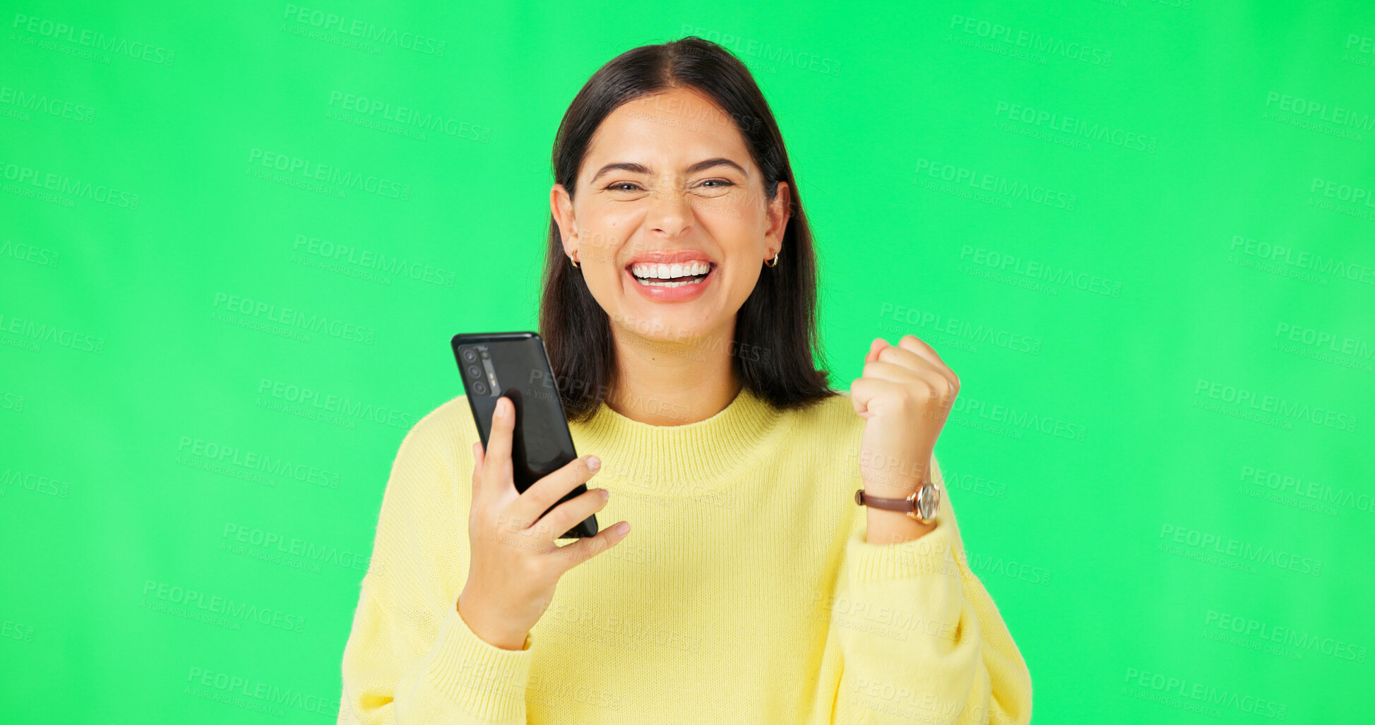 Buy stock photo Woman, portrait and green screen with phone for success, deal and winning lotto prize on studio background. Happy model, competition winner or celebrate with fist for bonus achievement on mobile tech