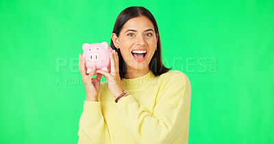 Buy stock photo Portrait, green screen and woman with piggy bank, excited and investment on a studio background. Face, person and model with achievement, economy and financial wealth with budget, savings and future