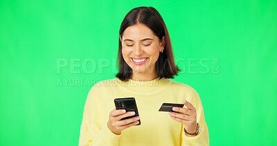 Buy stock photo Credit card, smartphone and woman on green screen for online shopping, fintech payment or digital finance on studio background. Happy model, financial banking and mobile password of ecommerce account