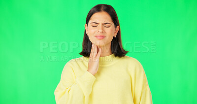 Buy stock photo Woman, green screen and sore throat, virus or bacteria with infection and sick on studio background. Health fail, wellness and neck pain with medical emergency, mockup space with inflammation and flu