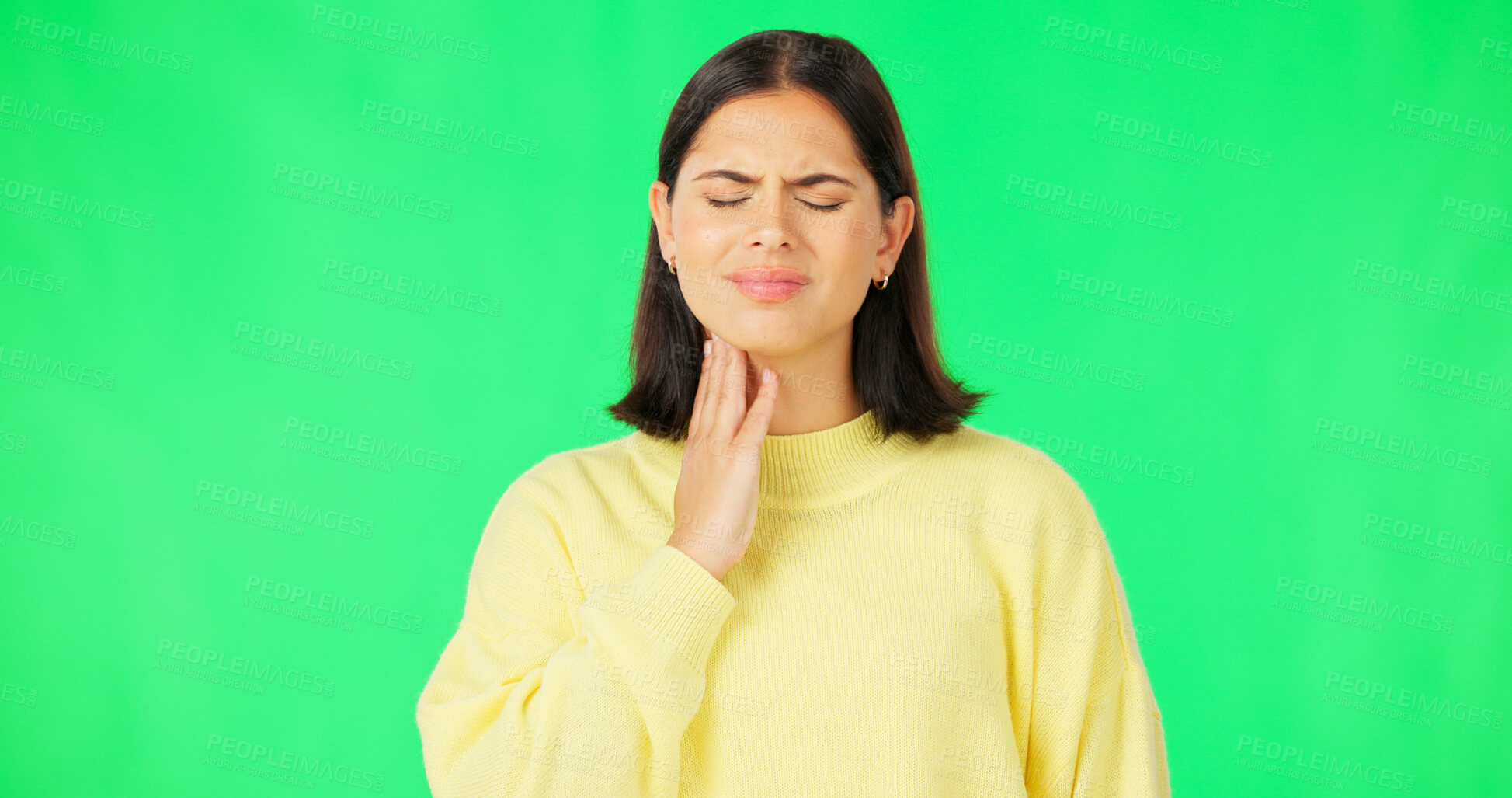 Buy stock photo Woman, green screen and sore throat, virus or bacteria with infection and sick on studio background. Health fail, wellness and neck pain with medical emergency, mockup space with inflammation and flu