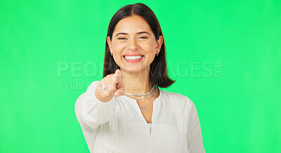 Buy stock photo Woman, portrait and pointing to you on green screen for decision, choice and opportunity in studio. Hand, gesture and face with welcome smile, motivation and selection of person with mockup space