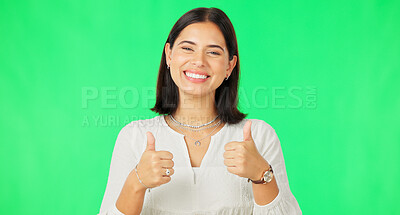 Buy stock photo Thumbs up, portrait and woman on green screen for success, winning deal and achievement on studio background. Happy model, like emoji and feedback for support, voting yes and thank you for excellence