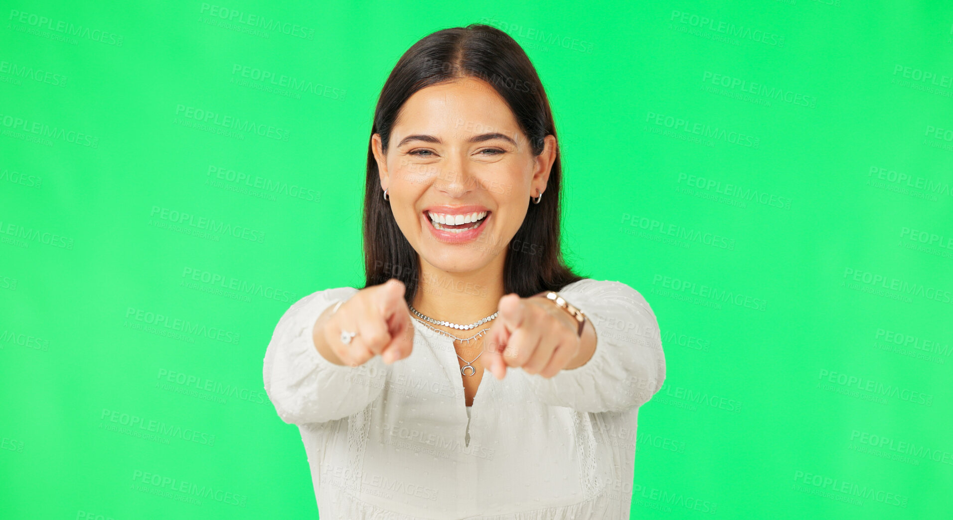 Buy stock photo Happy woman, pointing at you with choice and green screen, direction or selection on studio background. Decision, trust and offer with opportunity, vote with a smile and promotion in portrait