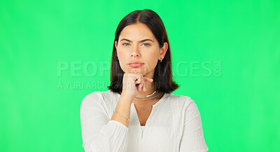 Buy stock photo Woman, thinking and portrait on green screen with idea, problem solving or remember on studio background. Serious, face and girl with doubt for option, choice or confused with question or decision