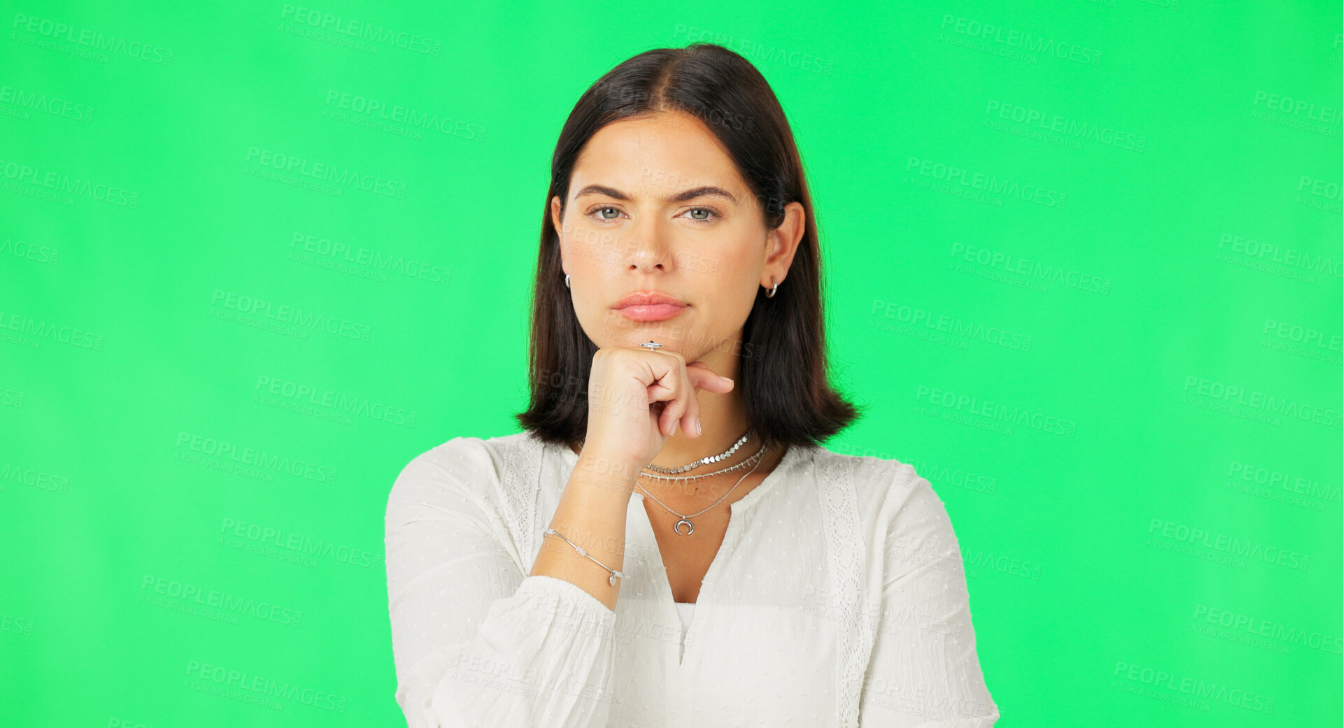 Buy stock photo Woman, thinking and portrait on green screen with idea, problem solving or remember on studio background. Serious, face and girl with doubt for option, choice or confused with question or decision