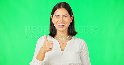 Buy stock photo Thumbs up, portrait and happy woman on green screen for winner, winning deal and achievement on studio background. Model show like emoji for feedback, success or thank you for agreement of excellence