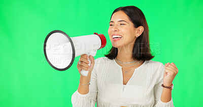 Buy stock photo Happy woman, megaphone or talking on green screen for speech, promotion space or announcement. Communication, advertising or excited business person speaking on loudspeaker for offer or opportunity