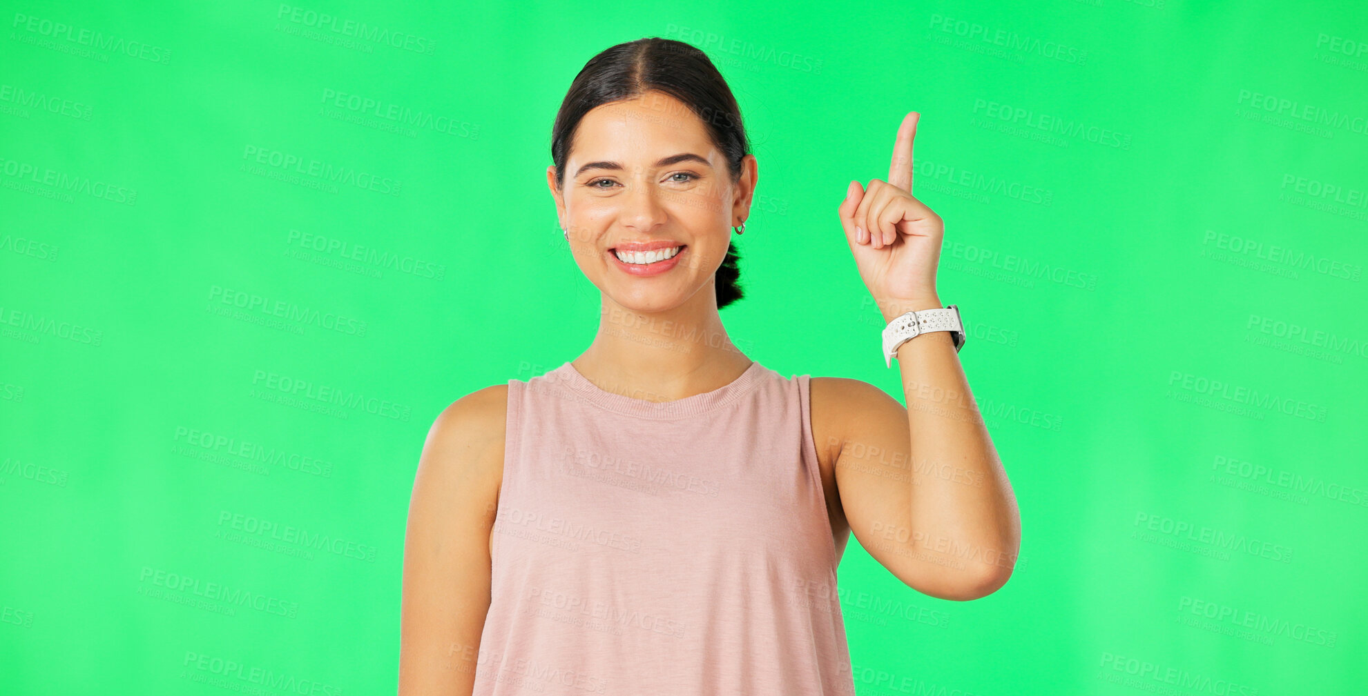Buy stock photo Green screen portrait, happiness and woman pointing at studio sales offer, brand logo design or service commercial news. Presentation, coming soon notification and model ads gesture on background