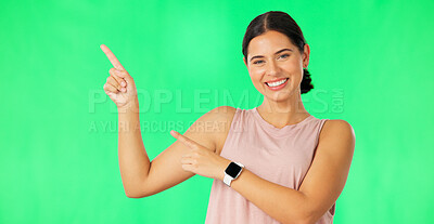 Buy stock photo Green screen, pointing or portrait of woman in studio for mockup space, gym promo offer or advice. Fitness coach, sales deal or happy athlete showing logo for health ads option, marketing or choice