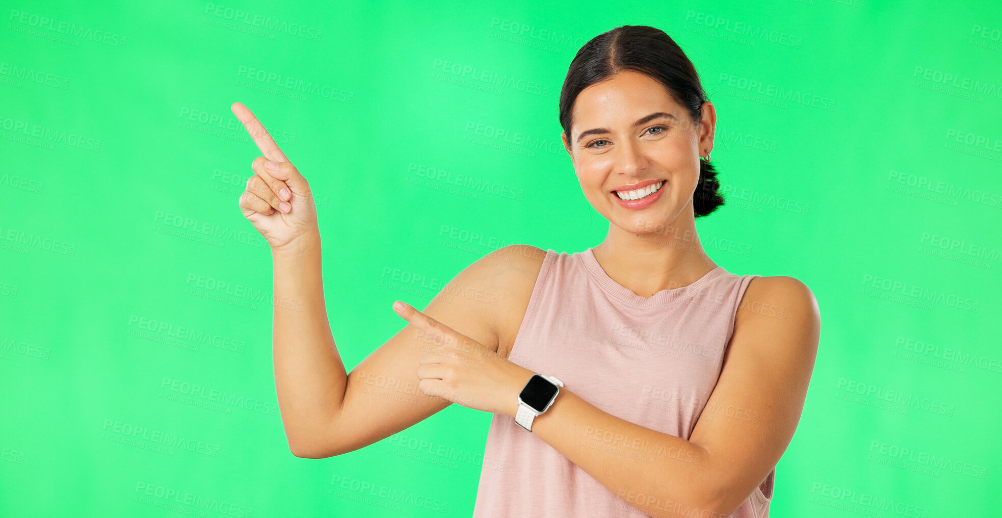 Buy stock photo Green screen, pointing or portrait of woman in studio for mockup space, gym promo offer or advice. Fitness coach, sales deal or happy athlete showing logo for health ads option, marketing or choice