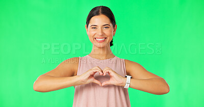 Buy stock photo Portrait, heart hands and woman with green screen, support and promotion on a studio background. Face, happy person and model with fitness, symbol for love and feedback with icon, emoji and review