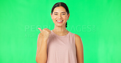 Buy stock photo Green screen, pointing or portrait of athlete in studio for mockup space, gym promo offer or advice. Fitness coach, sales deal or happy woman showing logo for health ads option, marketing or choice