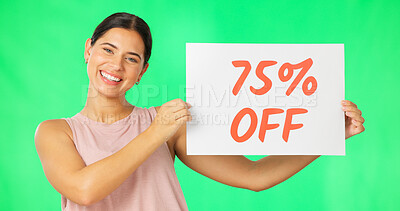 Buy stock photo Woman, discount sign and smile portrait with sale, deal and promotion announcement in studio. Fitness, gym owner and female entrepreneur with offer banner for exercise and training with green screen