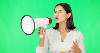 Buy stock photo Woman, green screen with megaphone and protest, fight and politics for human rights on studio background. Communication, equality and political movement, empowerment and activism with call for action