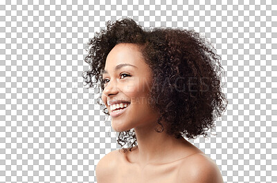 Buy stock photo Biracial woman, beauty and happy isolated on a transparent, png background for skincare, dermatology and happiness. Young person or model thinking or vision for natural cosmetics and skin shine