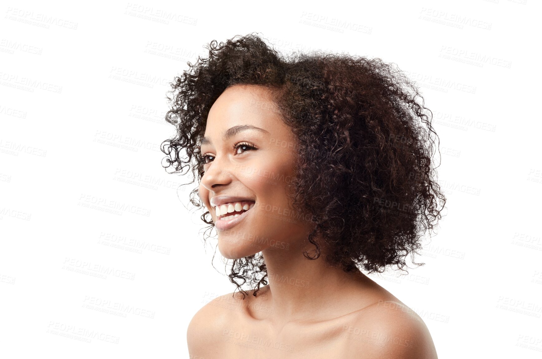 Buy stock photo Biracial woman, beauty and happy isolated on a transparent, png background for skincare, dermatology and happiness. Young person or model thinking or vision for natural cosmetics and skin shine