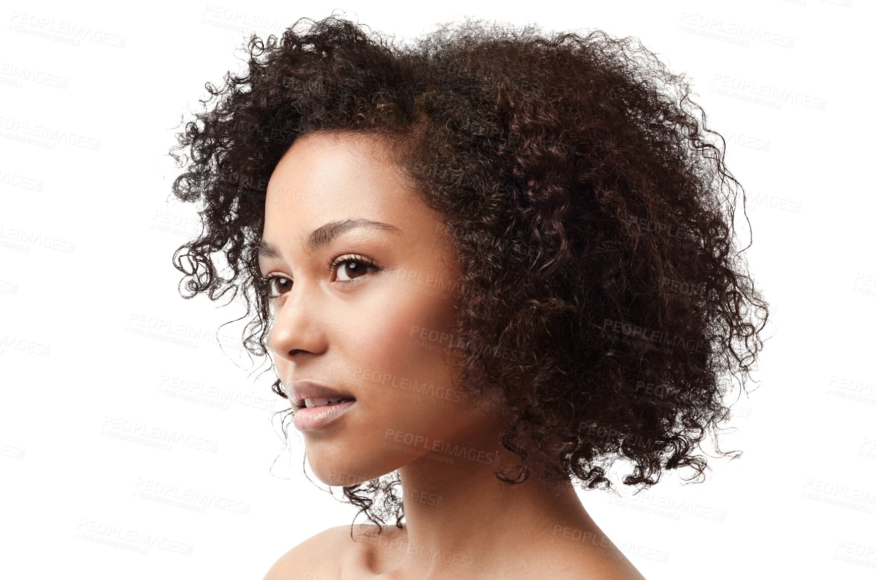 Buy stock photo Skincare, beauty and face of a African woman with natural hair care and skin glow. Dermatology, young and black female person thinking with youth Isolated on a transparent, png background
