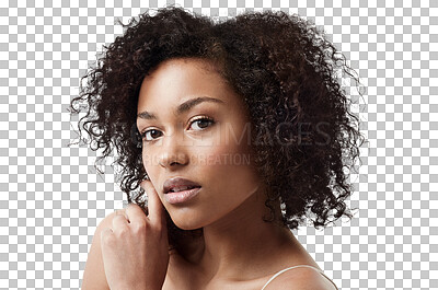 Buy stock photo Skincare, curly hair and portrait of a woman with natural haircare and wellness from skin glow. Dermatology, young face and African female with youth beauty isolated on a transparent png background
